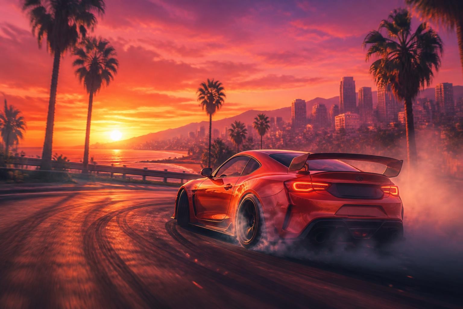 Original game inspired car drift poster at sunset