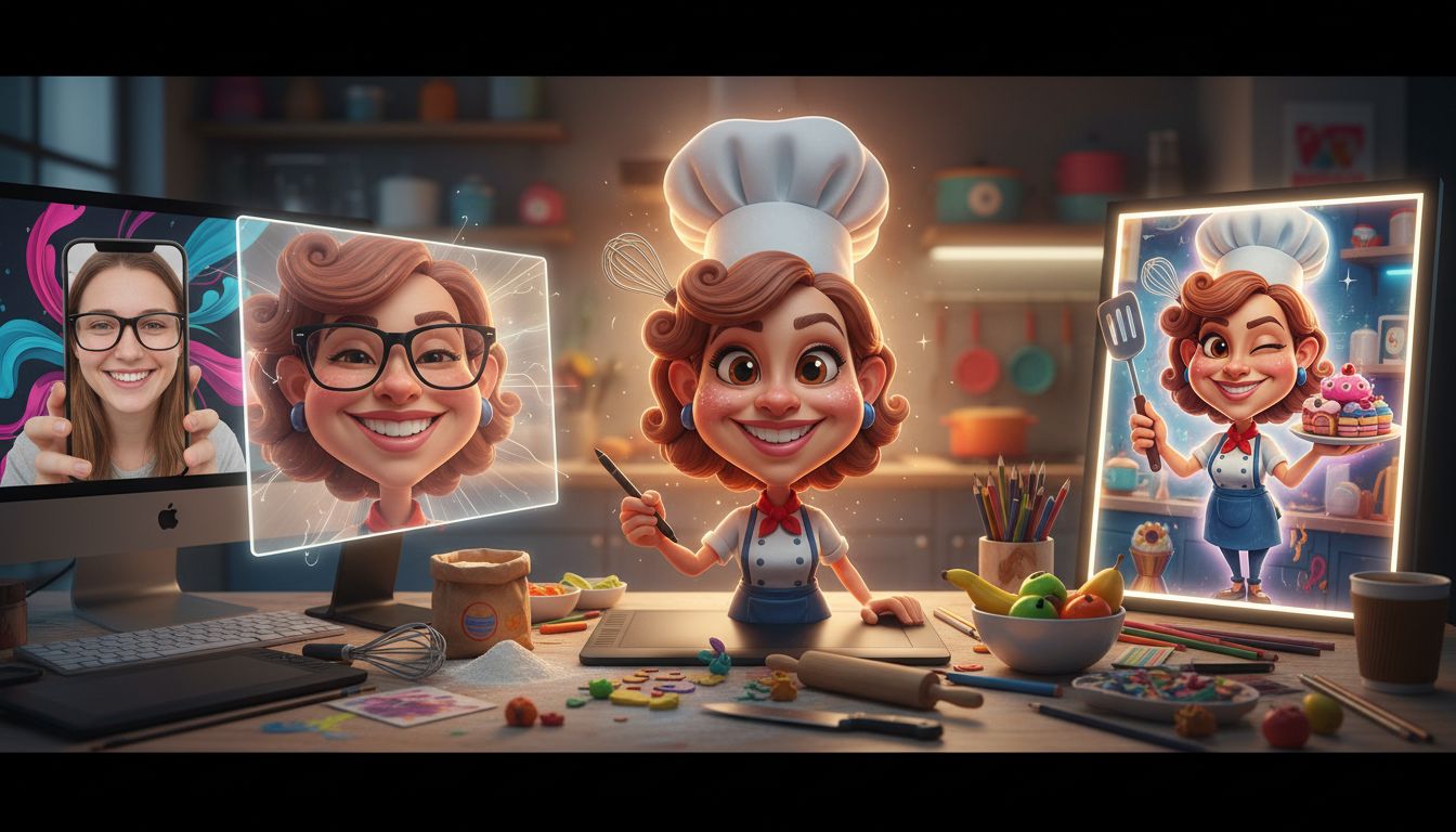 Workflow for building a professional caricature from selfie to refined result