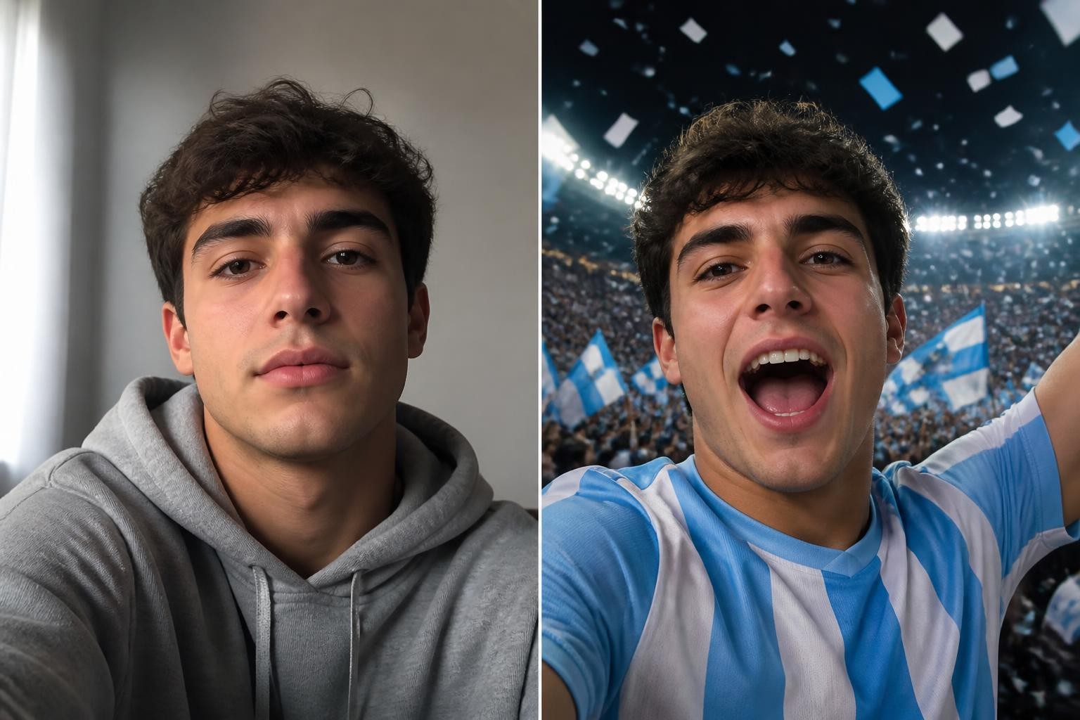 Before and after of a creator turned into an Argentina supporter in a striped jersey using an argentina jersey prompt