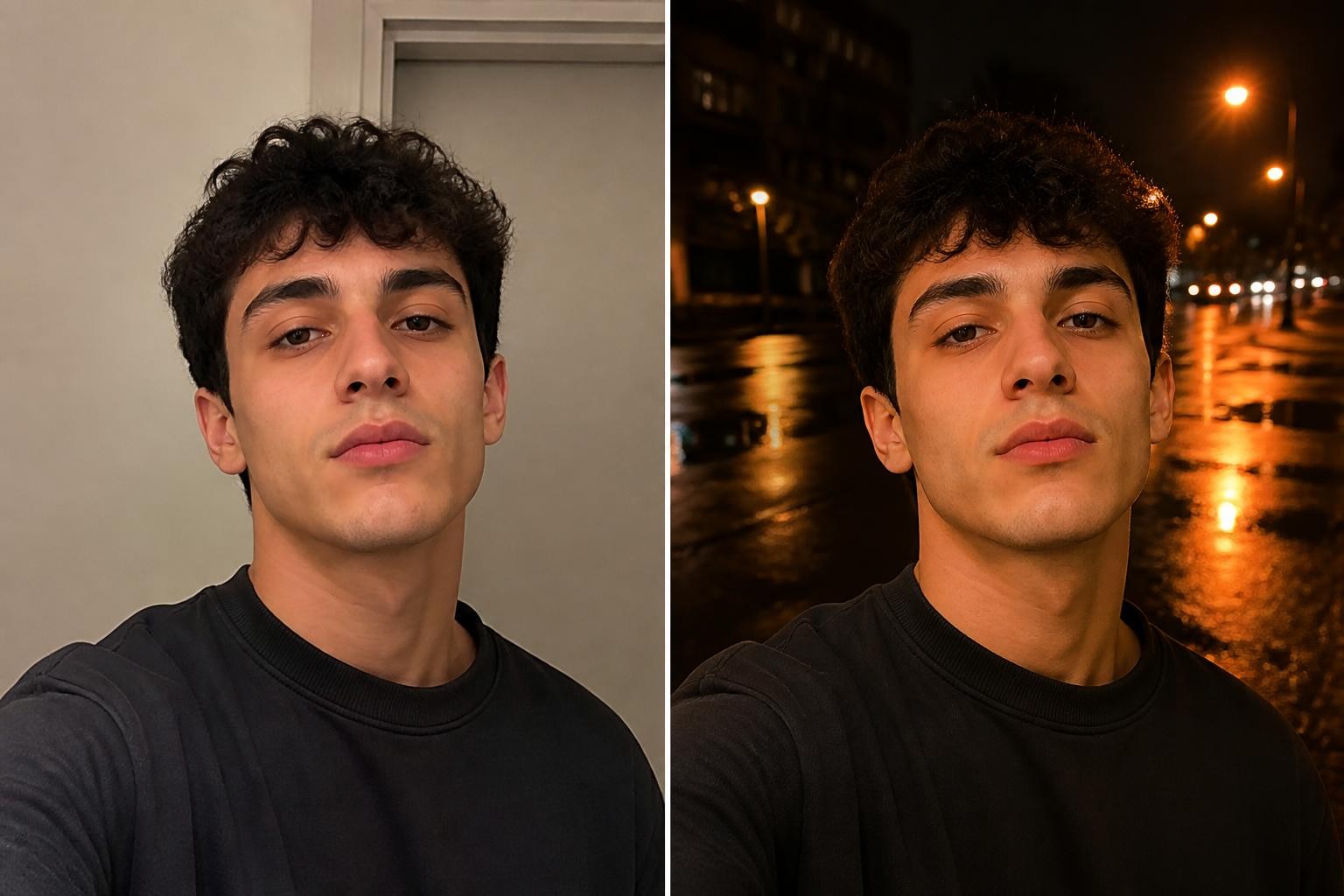 Before and after comparison showing face preservation in a cinematic AI portrait edit