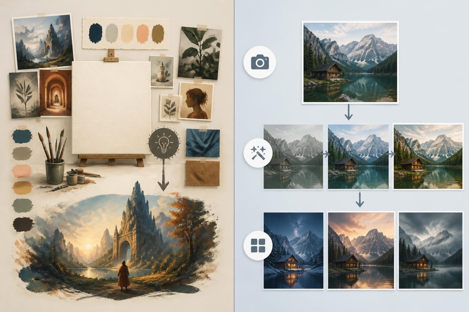 A decision scene comparing style exploration and image editing workflows
