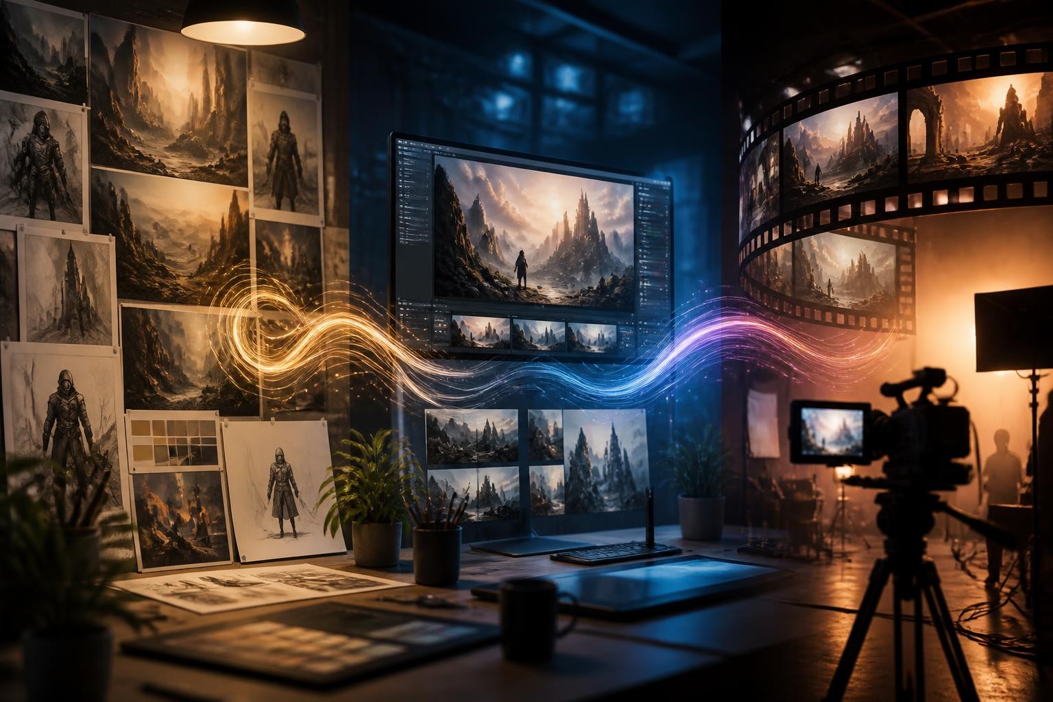 A creative pipeline connecting concept exploration, image transformation, and video production