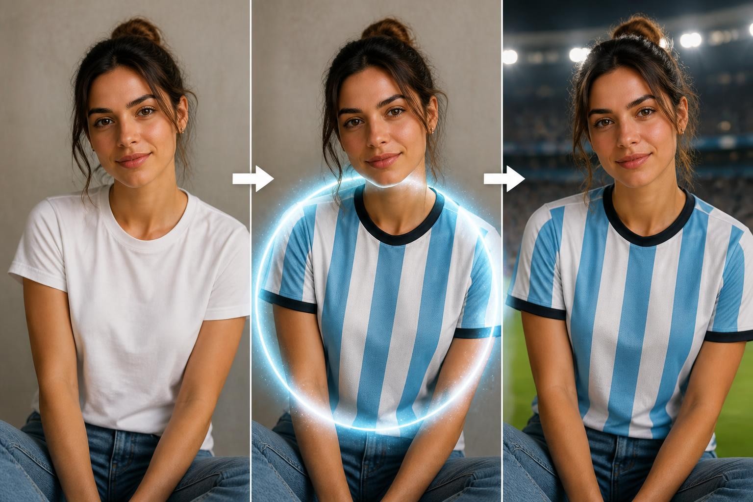 A three step workflow for an argentina jersey changing prompt: original photo, jersey swap, final portrait