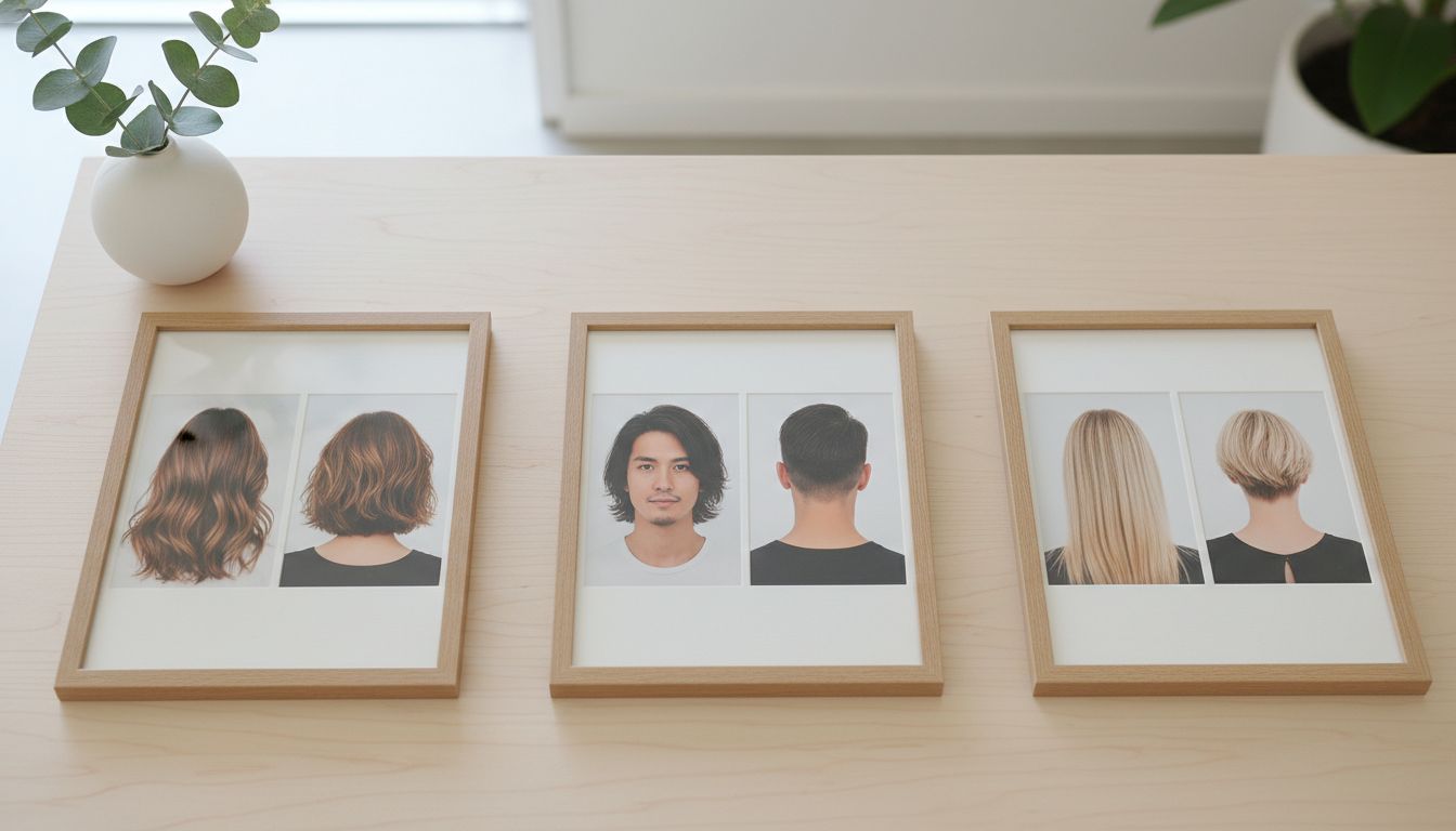 Before-after hairstyle concept board without text