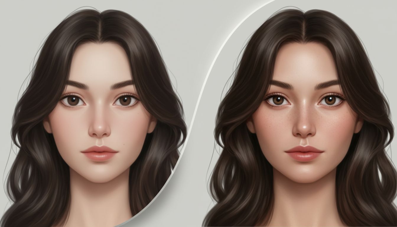 Split-scene concept showing text-only face draft refined via image-to-image AI for consistent identity