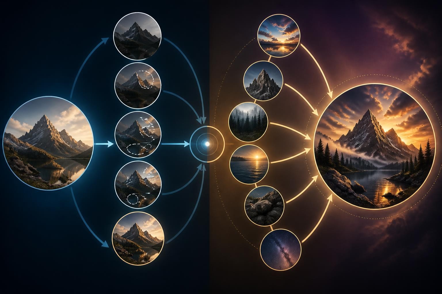 Visual comparison of controlled editing and complex AI concept design