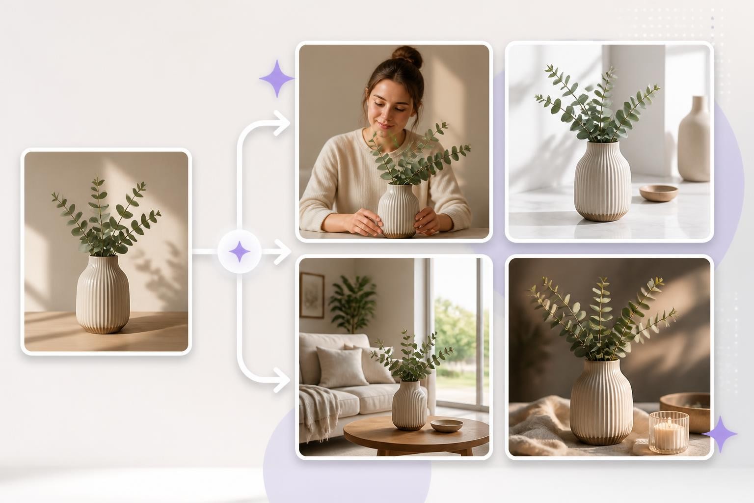 A source image becoming multiple polished image-to-image variations