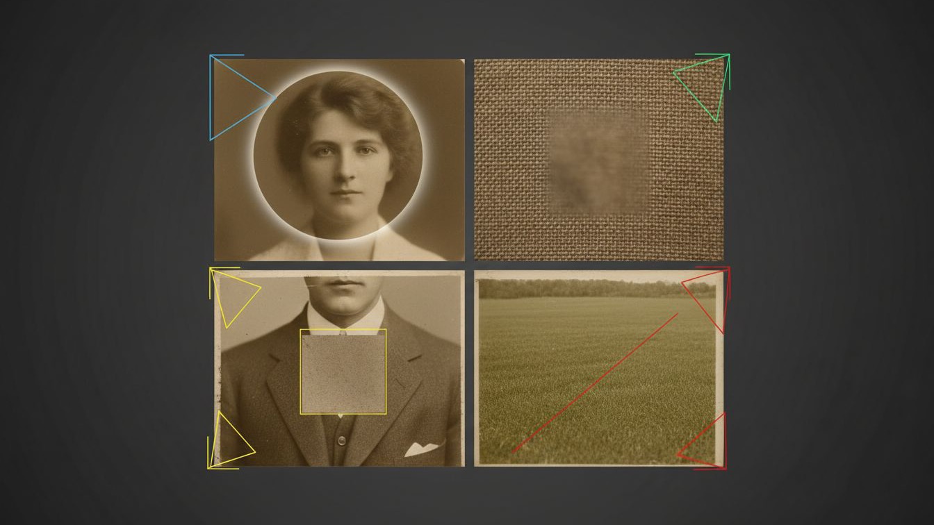 old photo restoration ai quality control closeups with artifact detection