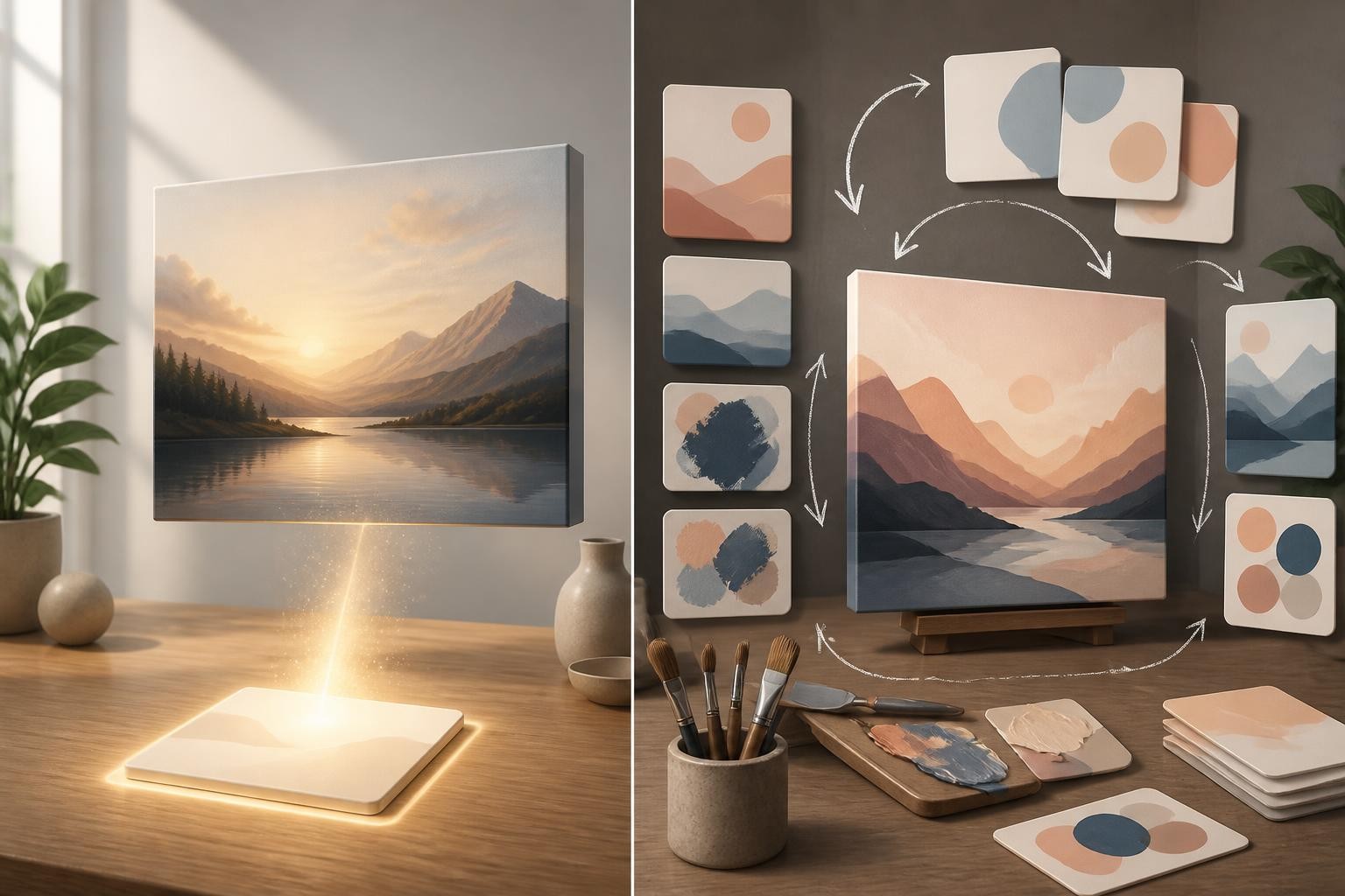 Imagen 4 Abstract split-screen comparing one-shot image generation with multi-step image editing