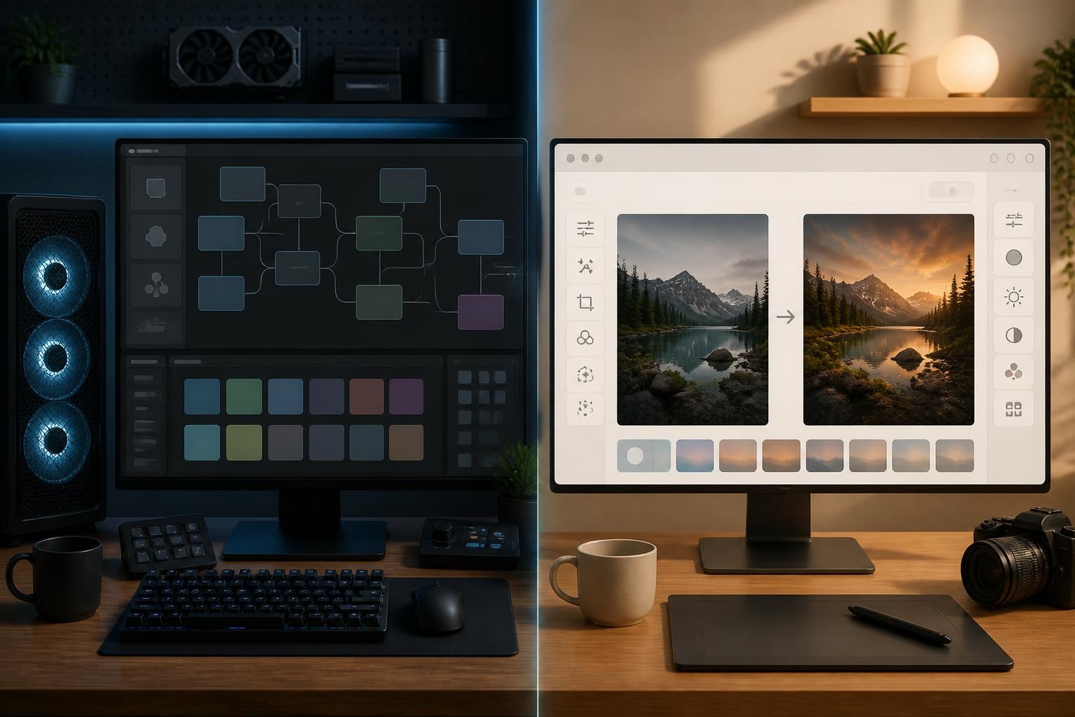 visual decision scene contrasting local model workflow and simple hosted image editing path