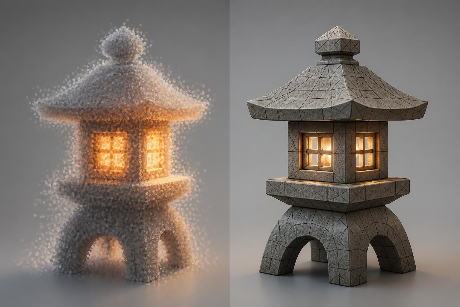 Visual comparison of a Gaussian splat asset and a mesh-based 3D model.