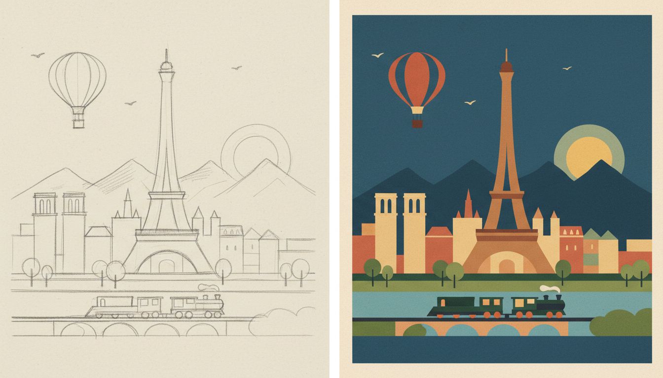 Before-and-after split showing a rough base sketch transformed into a polished retro poster style image