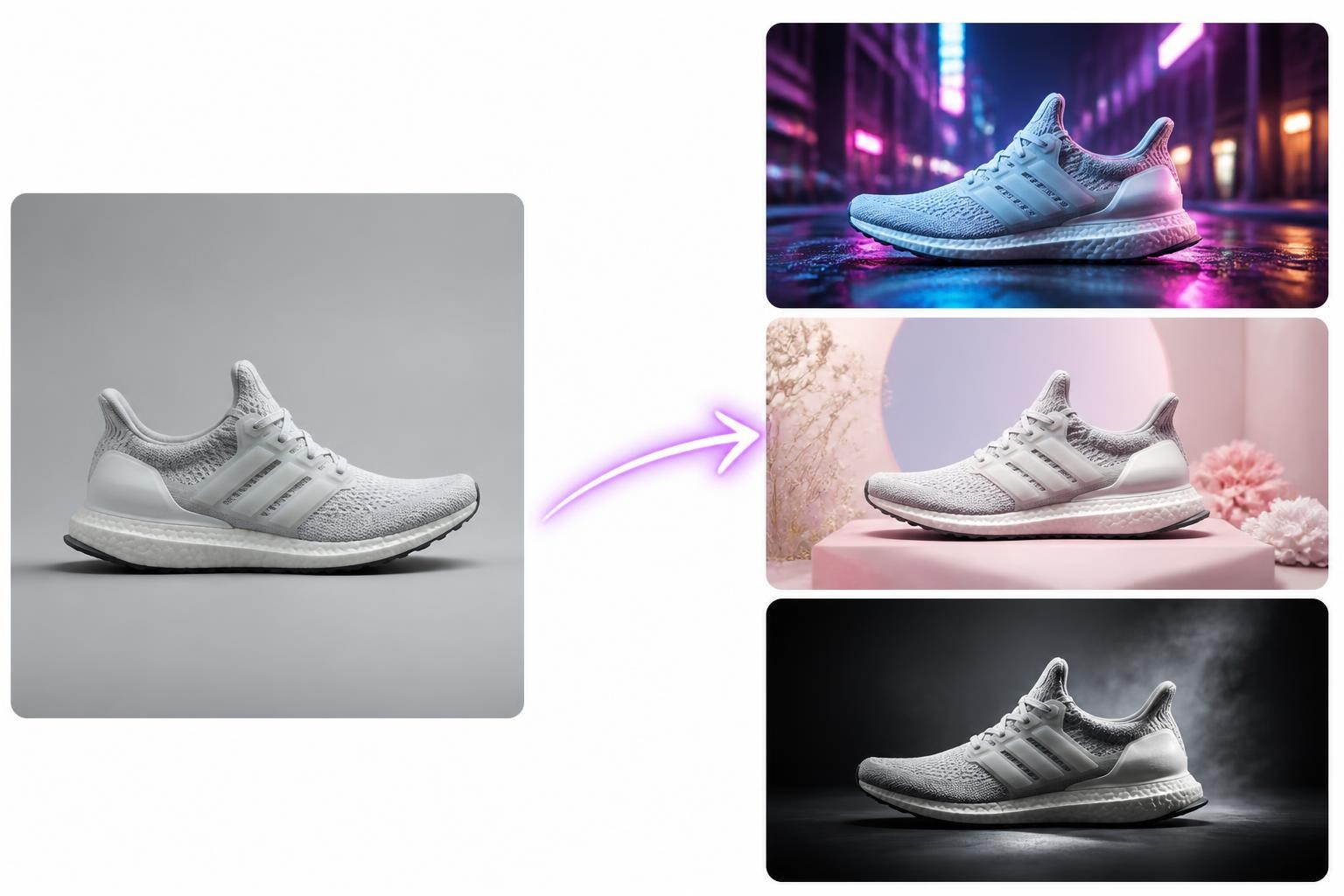 Image-to-image workflow transforming one original product photo into three restyled variations