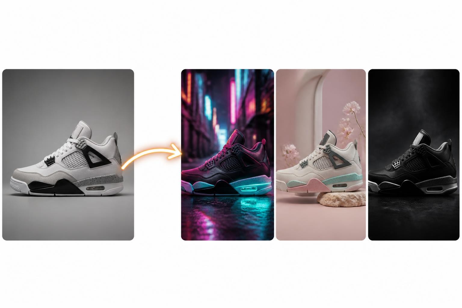 Image-to-image workflow transforming an original product photo into restyled variations