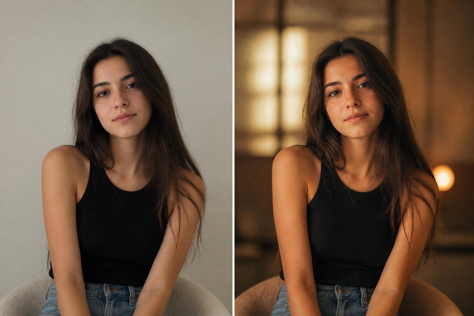 Before-and-after photo edit showing preserved identity with changed style
