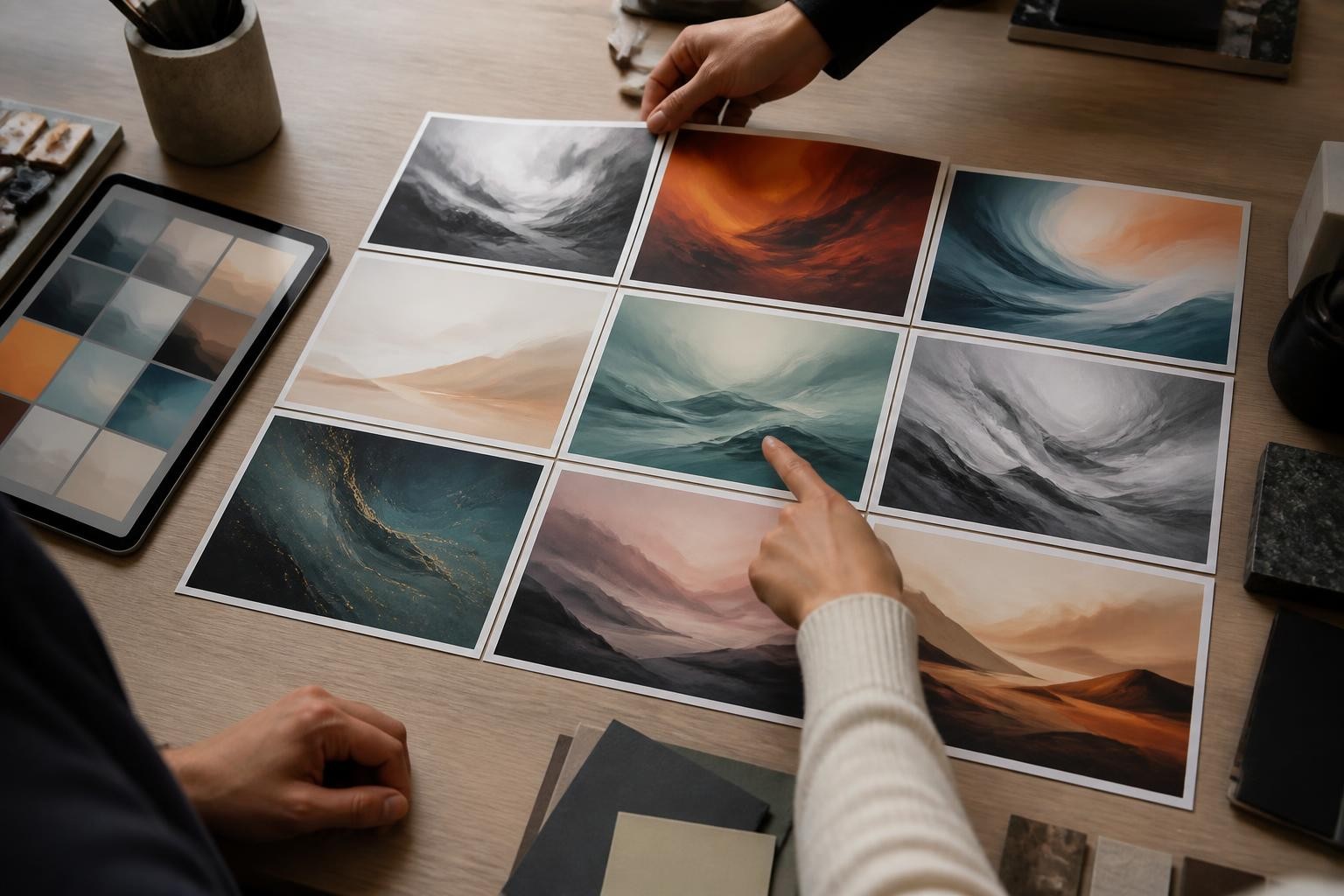 Creative desk reviewing multiple AI image model variations