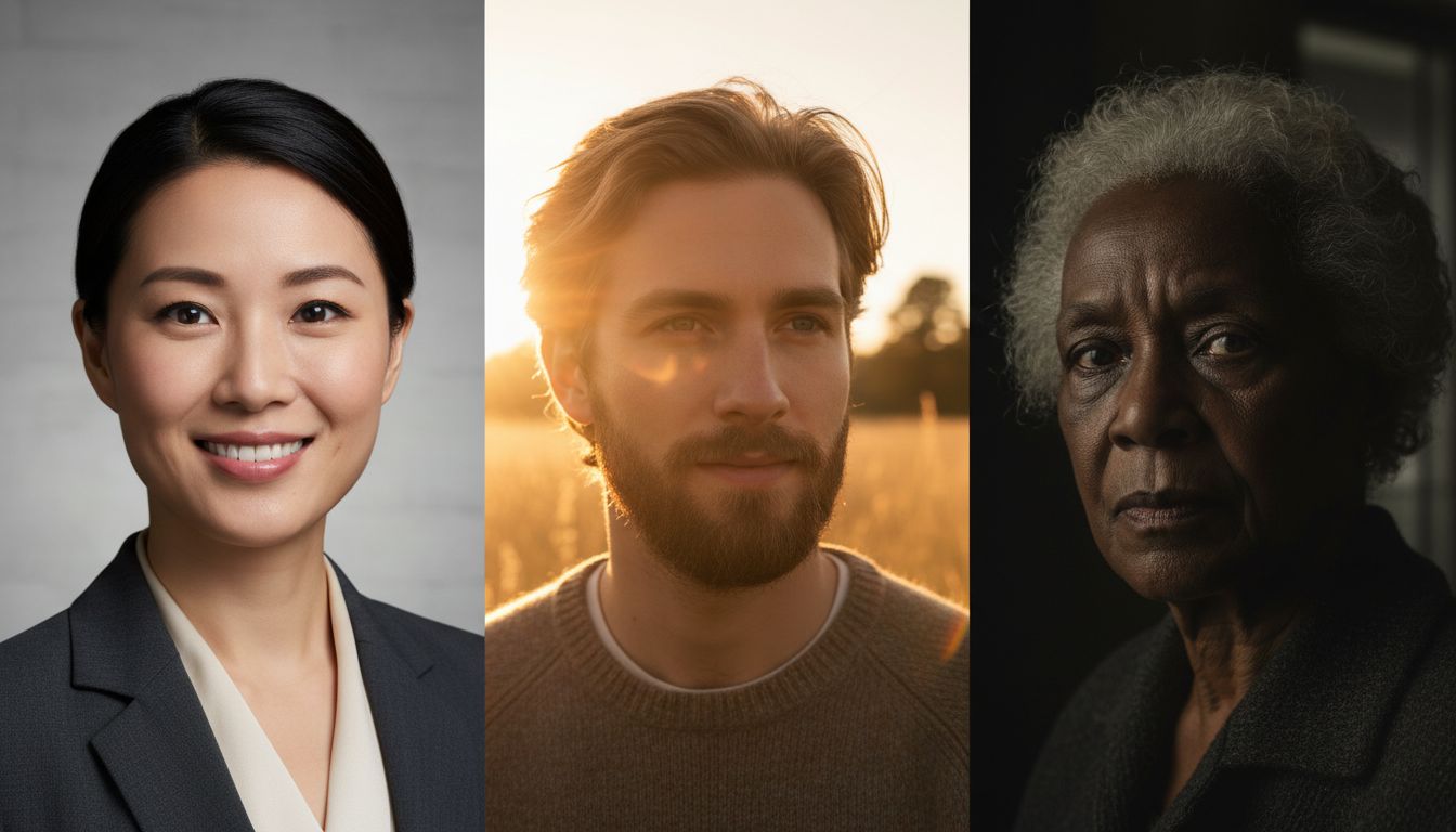 Three-panel collage of AI human face prompt outcomes in studio, outdoor, and cinematic styles