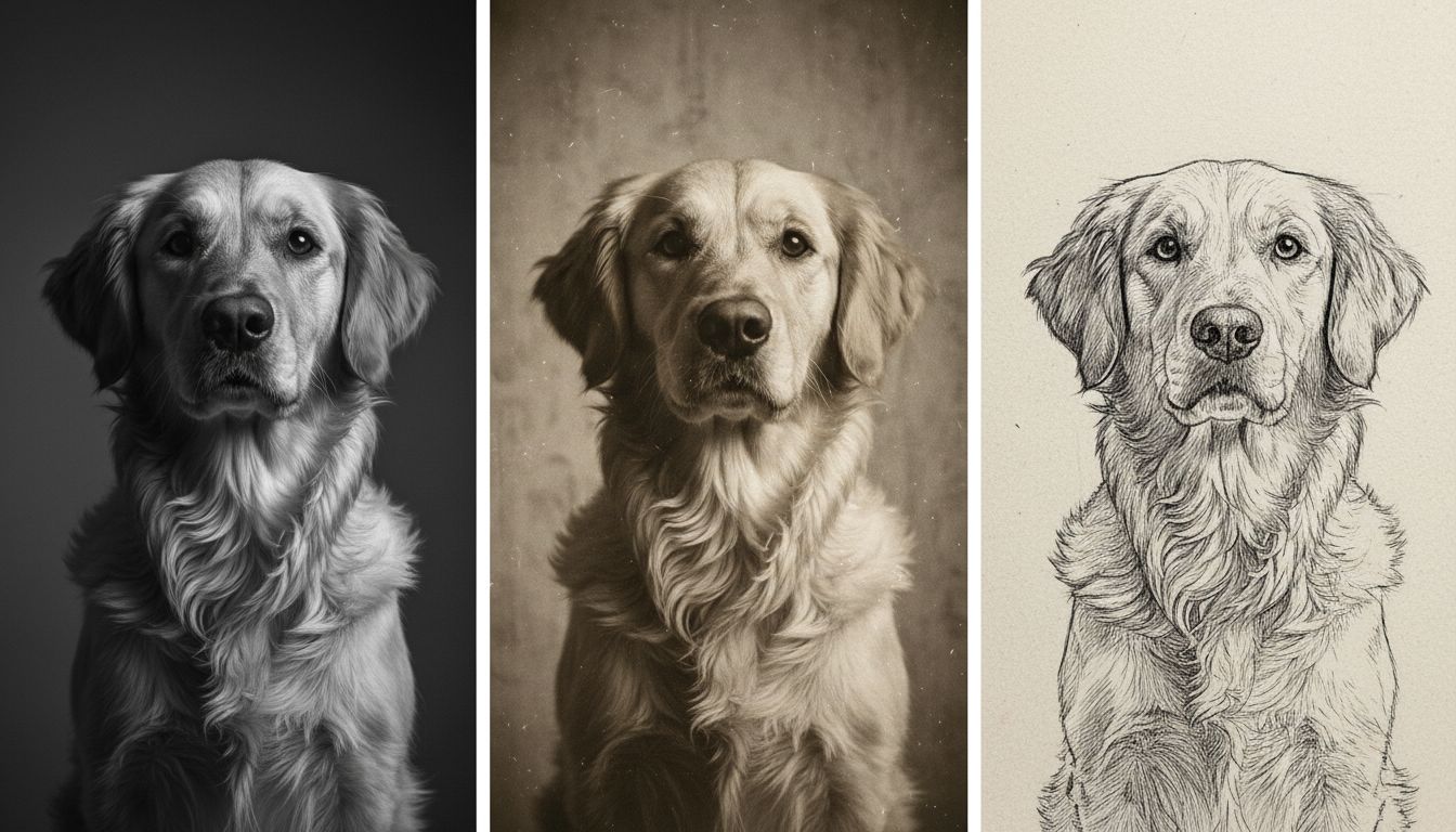 Three-panel collage of black-and-white dog prompt variations in photo, sketch, and vintage styles