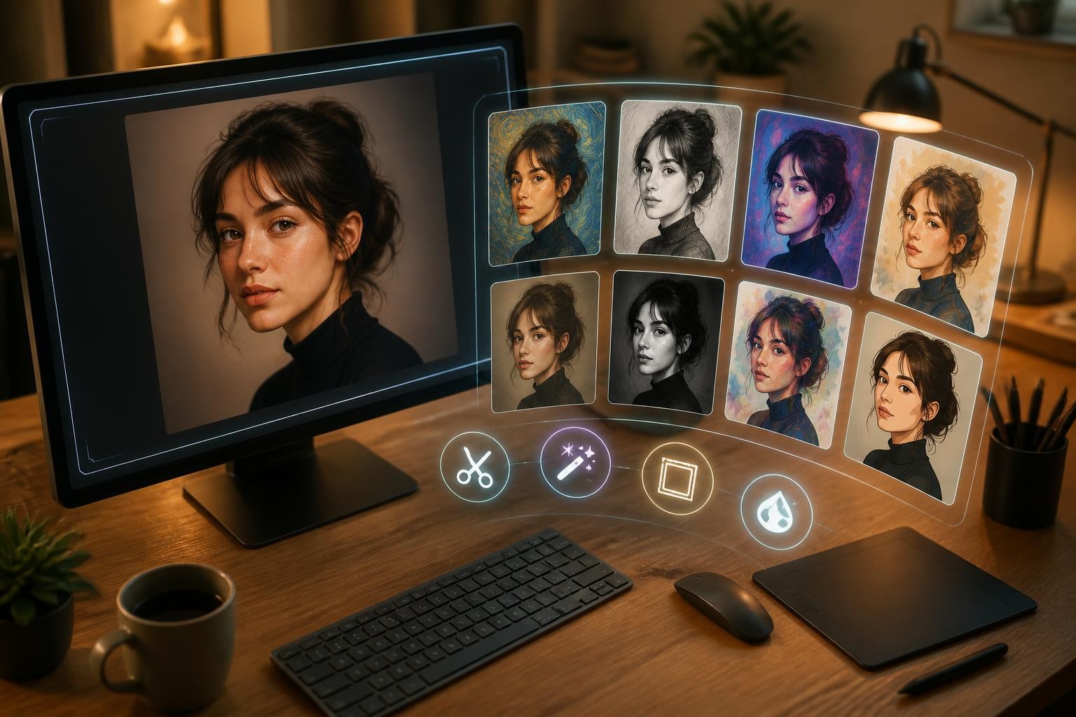 All-in-one AI image workstation concept with photo variations and editing tool icons