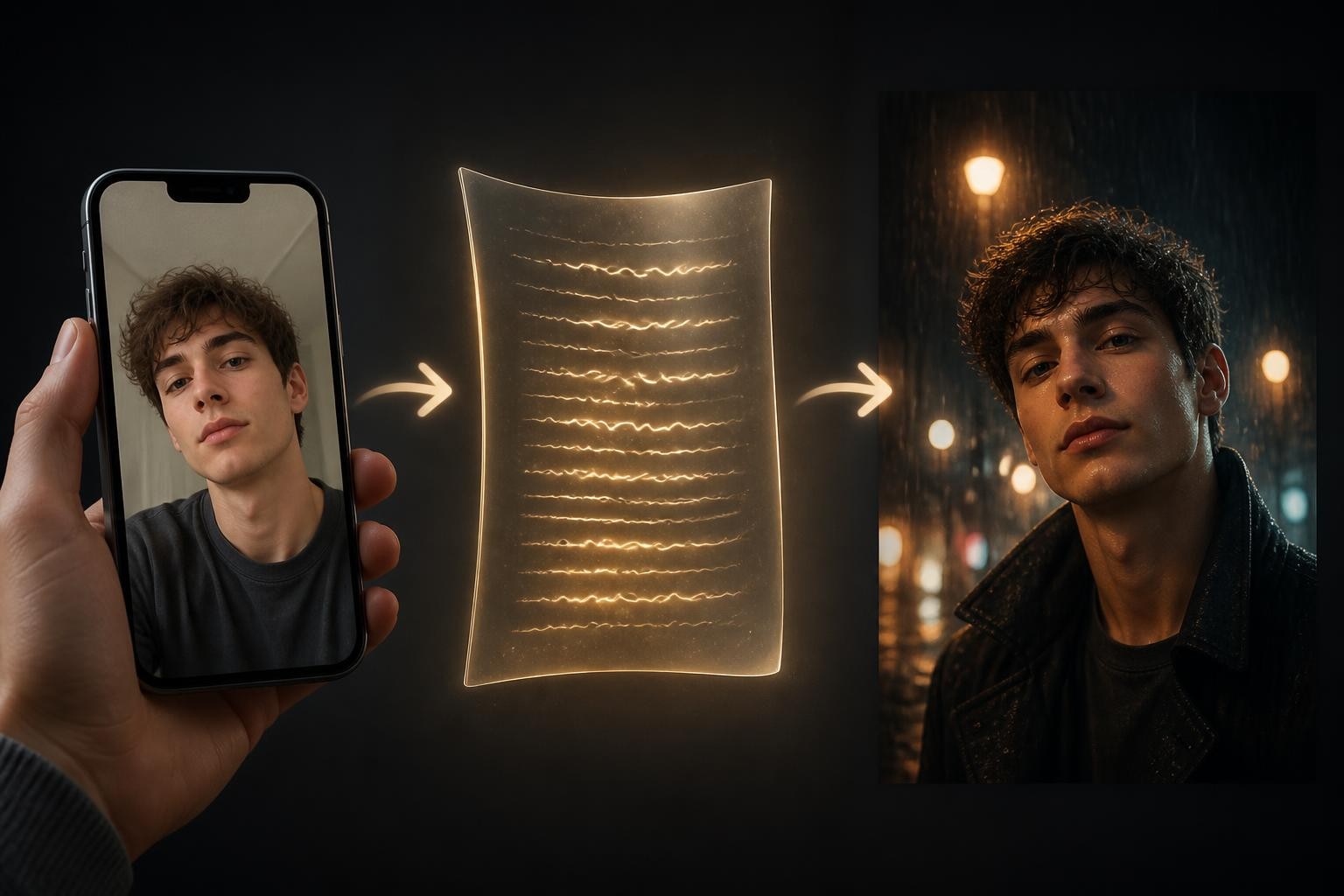 Simple three step flow for applying a trending AI photo prompt to your own selfie