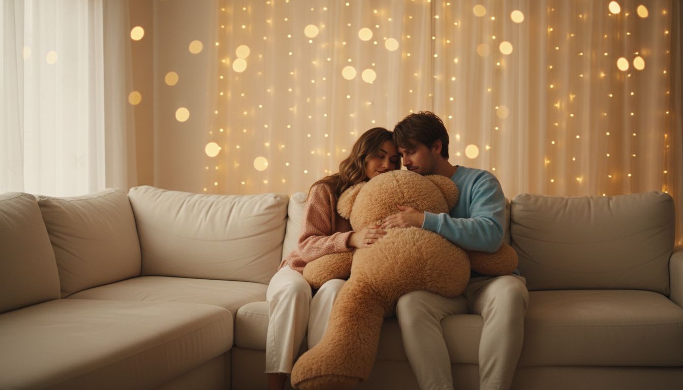 Cinematic teddy couple composition with soft light