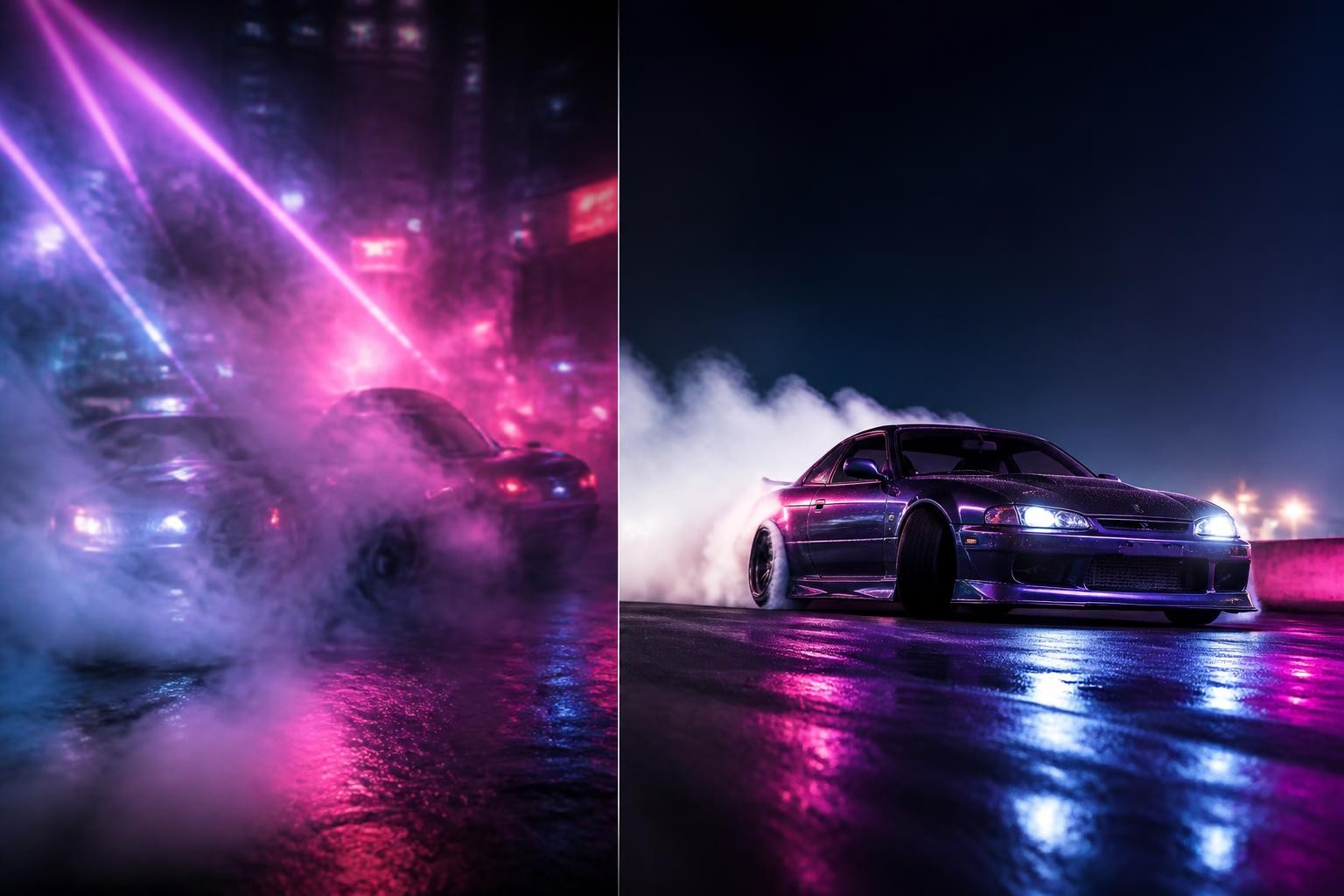Neon drift poster comparison between cluttered and controlled prompts