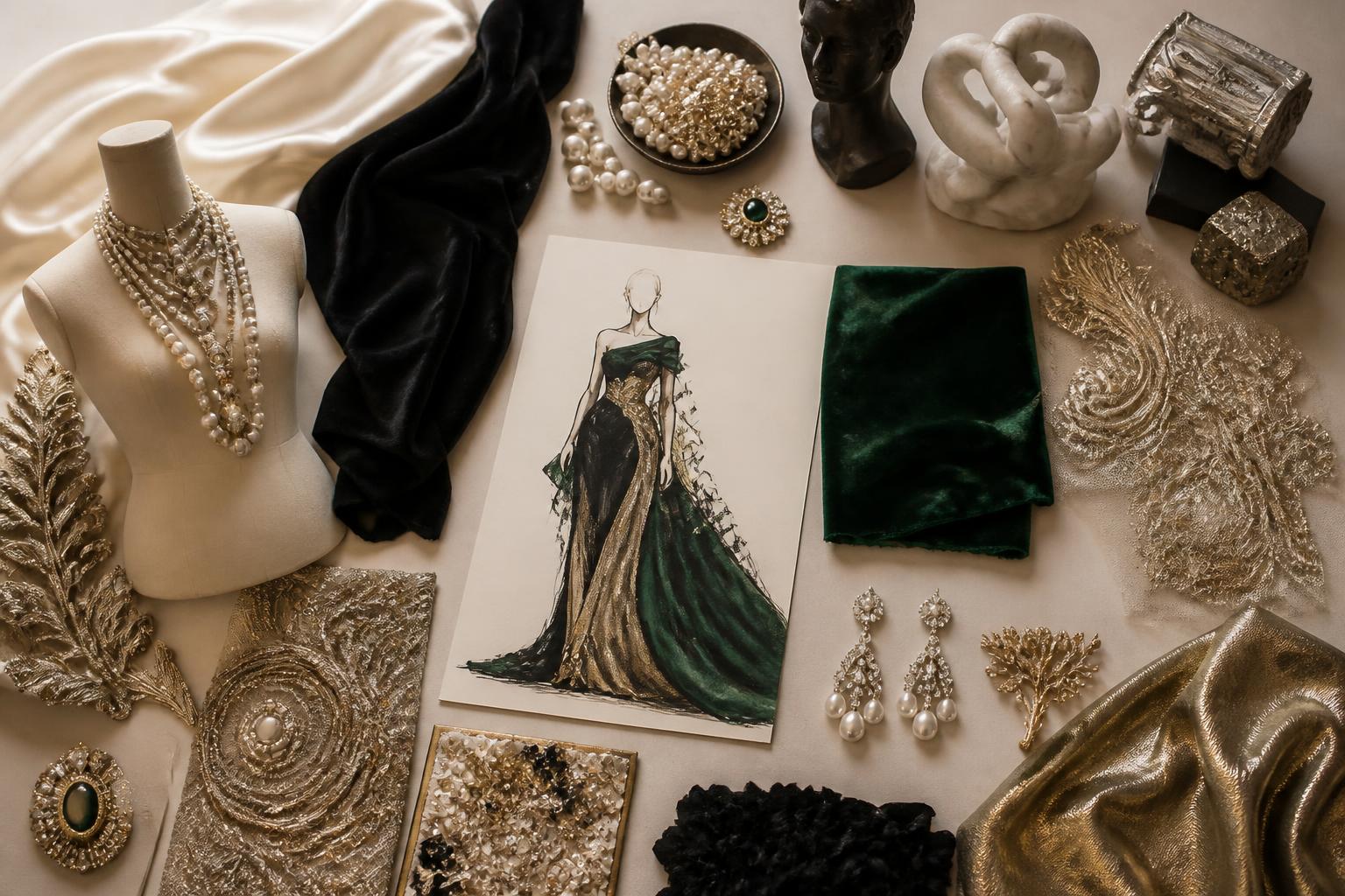 A couture design board with fabric, jewelry, and sculptural fashion references without text