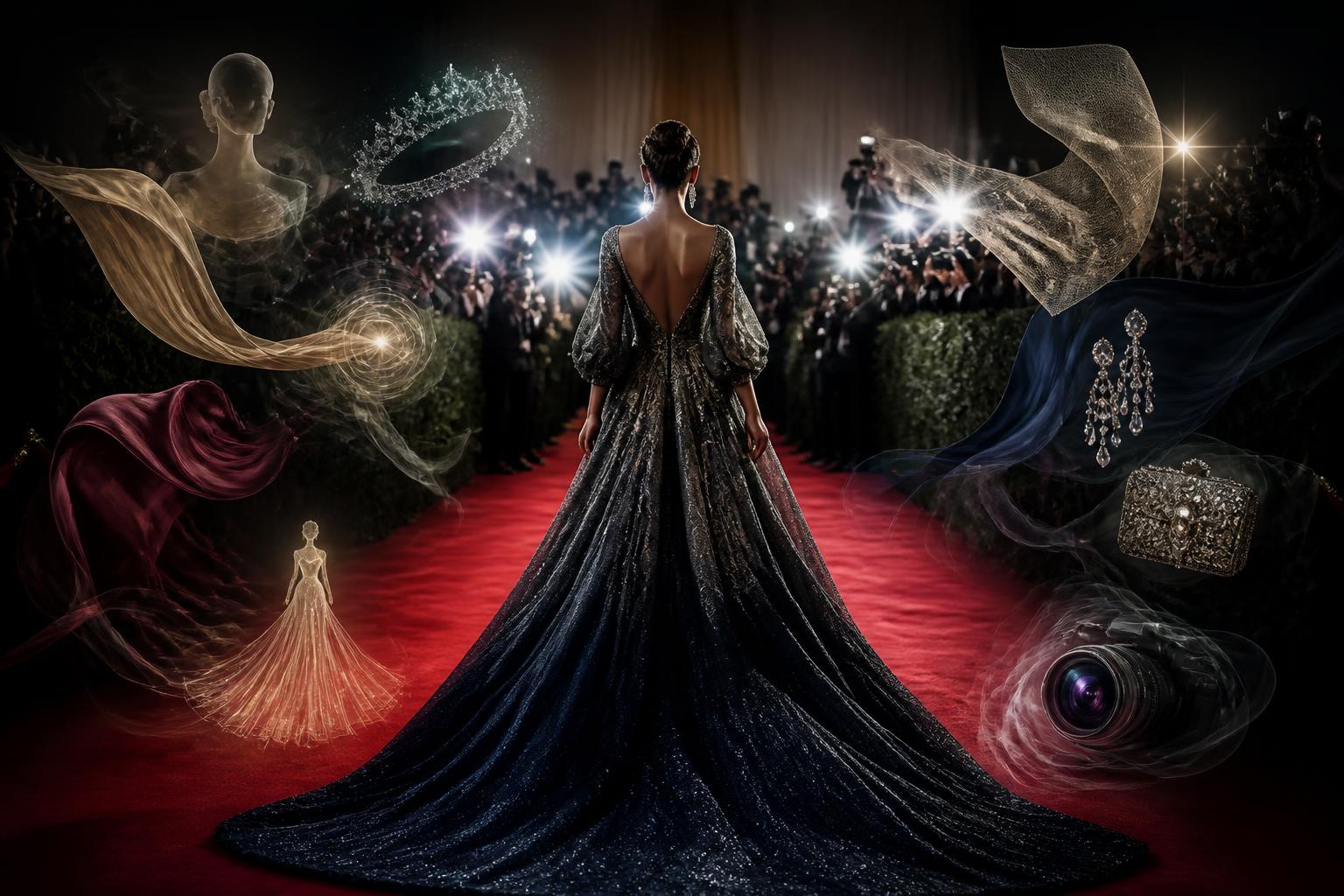 A cinematic red carpet fashion transformation scene without text
