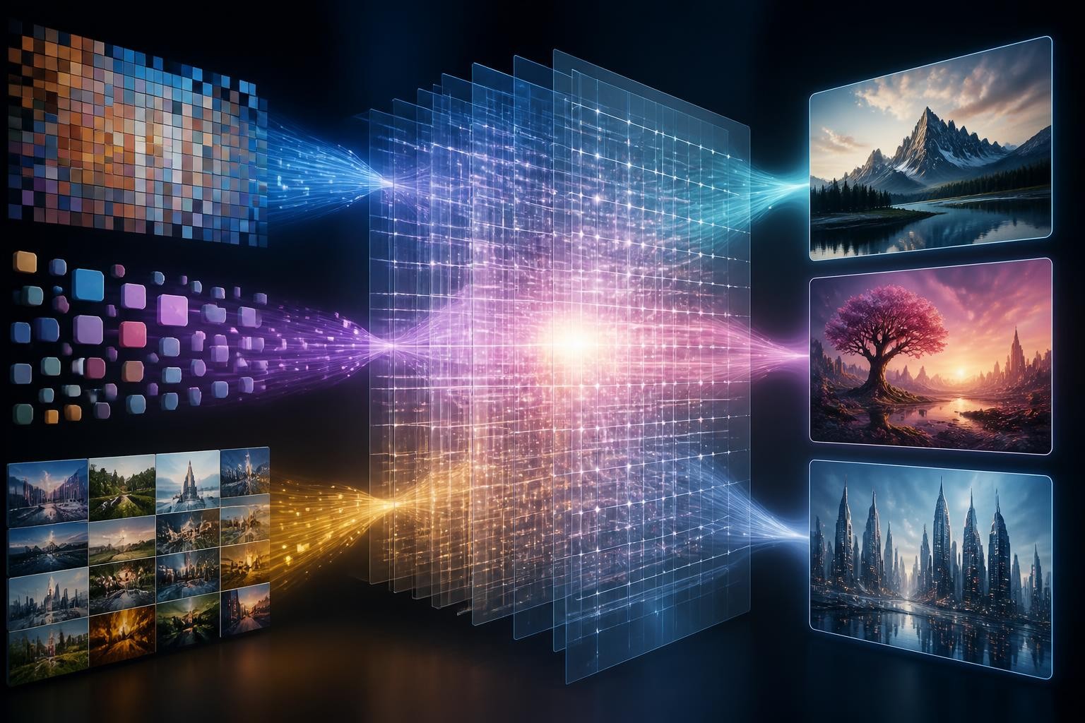 abstract visual of pixel tiles text tokens and reference images converging into generated images