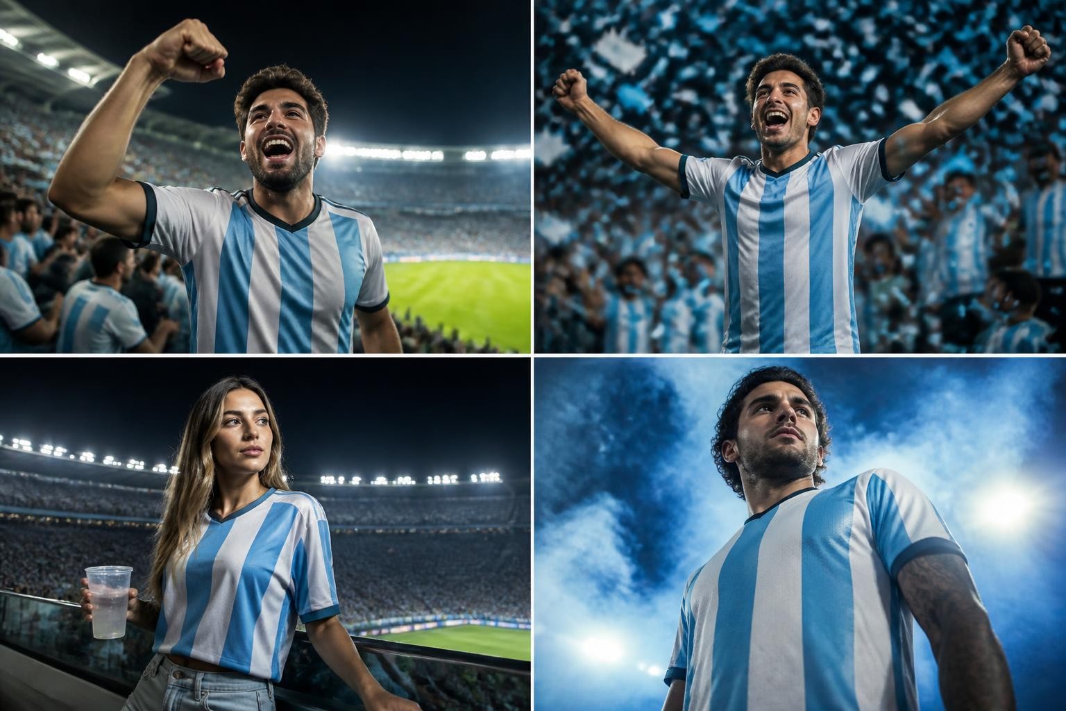 Four visual styles produced by an argentina ai photo prompt: crowd shot, goal celebration, night fashion look, and hero poster