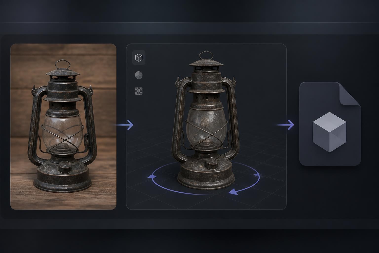 Pixal3D AI workflow showing one image becoming a downloadable GLB-style 3D model.