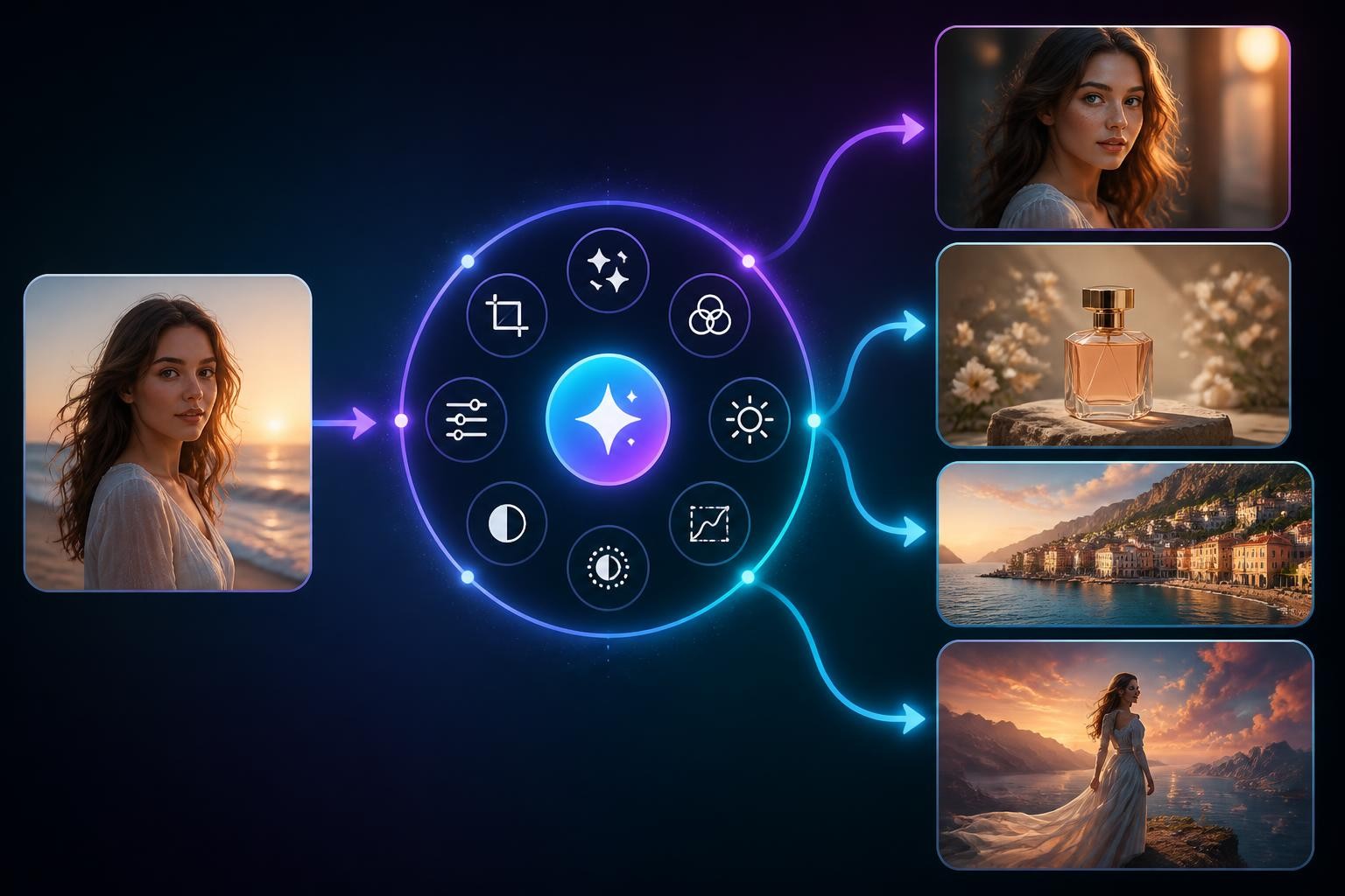 source photo flowing into multiple polished edited image variations without text